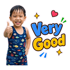 ตัวอย่างสติ๊กเกอร์: เด็กผู้ชายชูนิ้วโป้ง "Very Good"